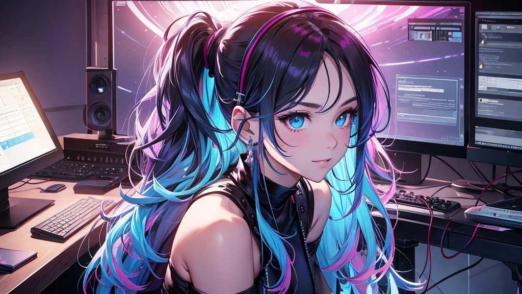 highest quality, Best image quality, girl, 20 years old, medium bust, Big breasts, sparkling amber eyes, aqua eyes, eye reflection, long upper lashes, (((rainbow hair))), long messy hair, Wavy, Top ponytail, ((Black sexy strapless short tube top)), black leather jacket, (white denim hot pants), ((Black thigh socks)), Smile, glowing headphones, Diamond earrings, wristband, necklace, ring, ((squat on the chair)), in front of a computer, Play video games, Leaning forward, Open one shoulder, elated, mouth biting bread, Look at the computer, light blush, beautiful art, background((Hacker Room, Server room, neon lights, braces, notebook)), flight, Debris flying, writing border depth, Movie, visual art, Perfect art, real, Verism, anime style, glowing light, cinematic lighting, chiaroscuro, ray tracing, 8K, masterpiece, super textured skin, super detail face, perfect face, Super fine facial details, beautiful and delicate eyes, perfect eyes, correct limbs, correct figner, super detail figner, best hair quality, best clothing quality, best prop quality