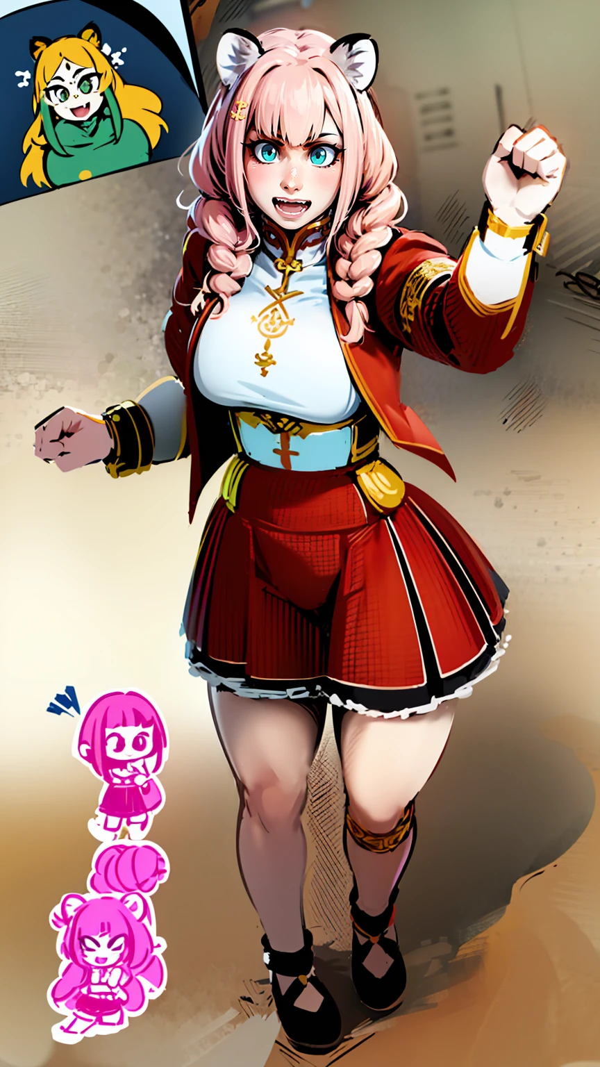 tiger ears, tiger tails, martial art, medium chest, pink hair, skirt, jacket, godess,1girl,coat,standing,, solo focus.1character,,refsheet, character focus, 1character,fangs, cloused mouth,pink hair, green eyes, chinese dress, tomboy,shoes, full body, martial pose karate, kemono mimi, solo focus,