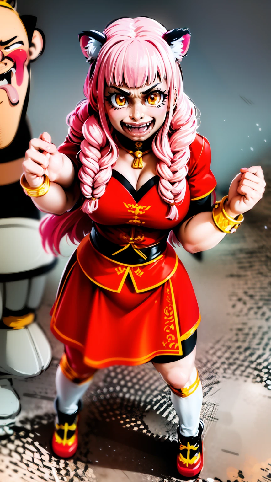 , tiger ears, tiger tails, martial art, medium chest, pink hair, skirt, jacket, godess,1girl,coat,standing,, solo focus.1character, holy catholic mountain,refsheet, character focus, 1character,fangs, cloused mouth,