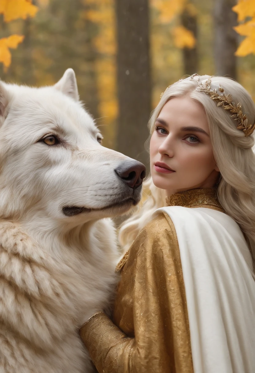 Masterpiece, A beautiful queen, crowned with gold and diamonds sits in the forest in autumn, accompanied by a large white wolf, on the edge of a clear and very beautiful river, Illustration in high definition at 4k resolution, with very detailed facial features and realistic visual style.