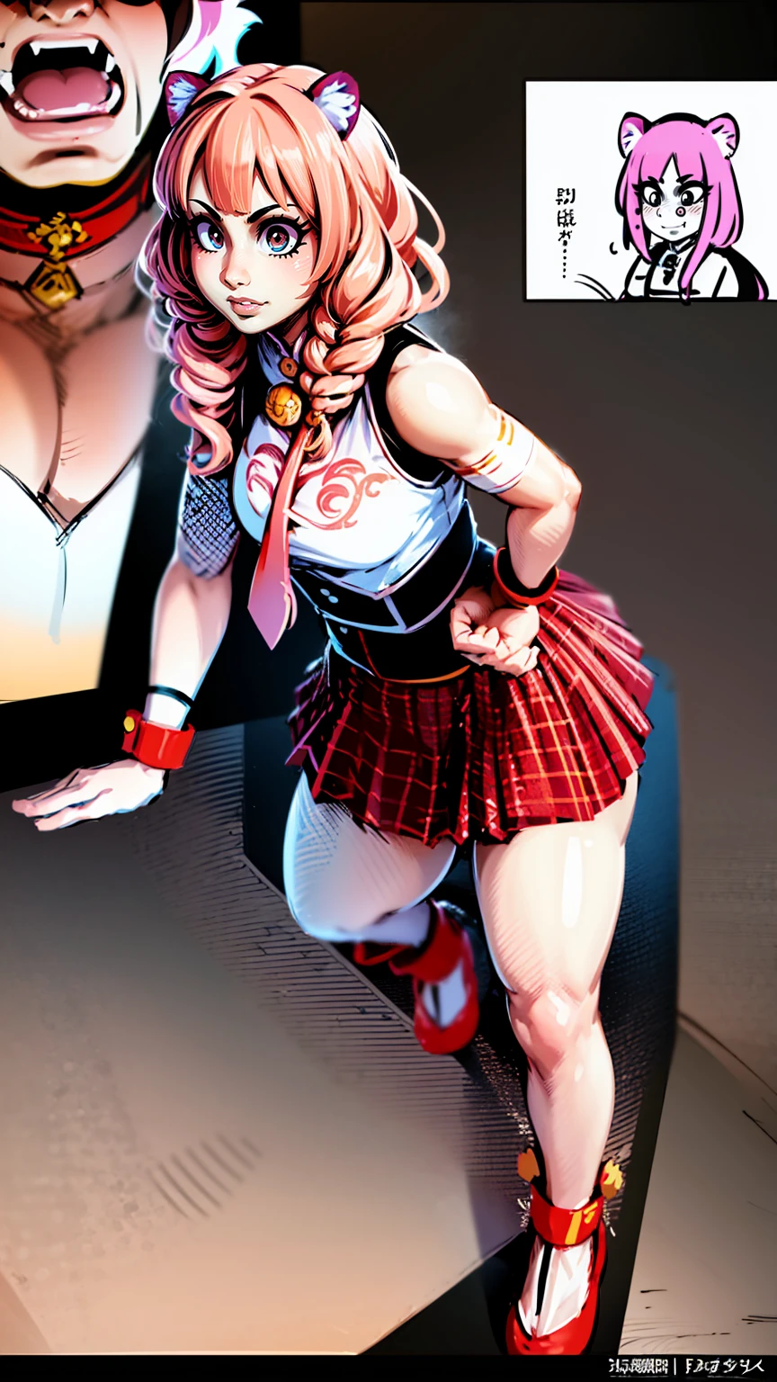 futa, shemale, zfuta, dickgirl, futanari, (19years old), (big tits:.9), (big hips:.9), (black wall background), (stunningly attractive:1.6), best quality, ultra-detailed, finely detail, highres, (muscular complexion:1.4), eyes contact, (slim waist:1.3), (model face:1.2), (perfect makeup), (open mouth), (penis under skirt:1.2), open mouth, (russian model), (penis under skirt), (school girl), (white skirt), (red gloves), latex, pigtails, penis, big penis, trans, errection