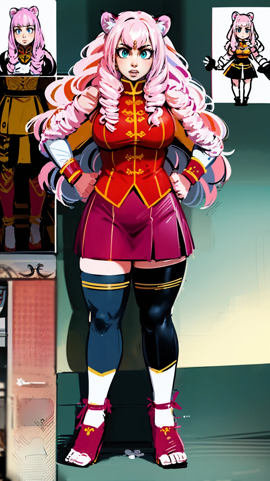 , tiger ears, tiger tails, martial art, medium chest, pink hair, skirt, jacket, godess,1girl,coat,standing,, solo focus.1character, holy catholic mountain,refsheet, character focus, 1character,fangs, cloused mouth,pink hair, green eyes