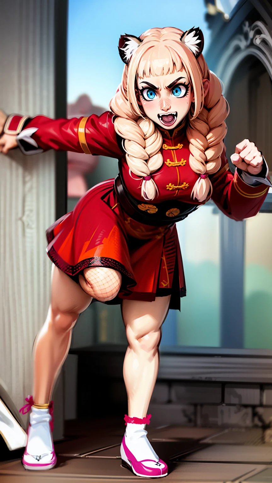 , tiger ears, tiger tails, martial art, medium chest, pink hair, skirt, jacket, godess,1girl,coat,standing,, solo focus.1character, holy catholic mountain,refsheet, character focus, 1character,fangs, cloused mouth,pink hair, green eyes, chinese dress, tomboy