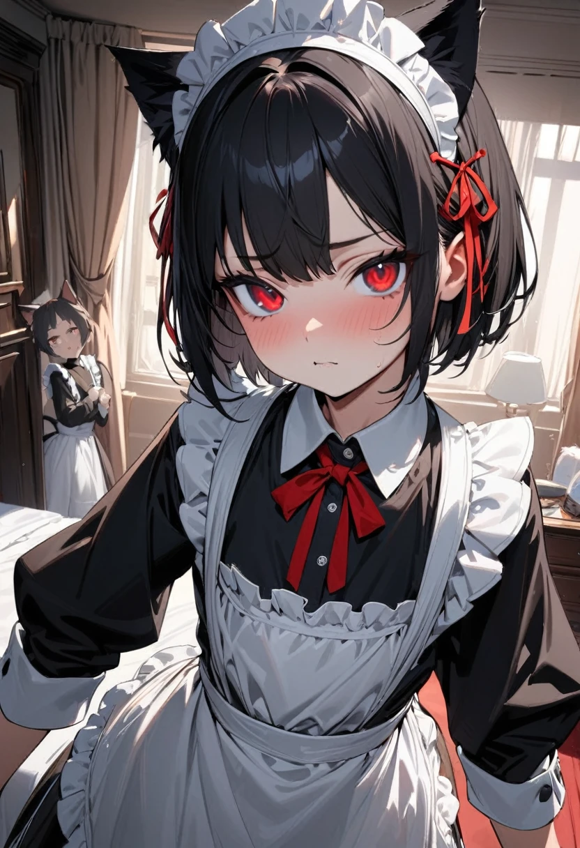 masterpiece, best quality, ultra-detailed, 1girl, 13 years old, maid, long sleeve, flat , black hair, short hair, red ribbon, red eyes, cat ears, flat , embarrassed, slightly smile, looking at viewer, solo focus, in bedroom, pregnant