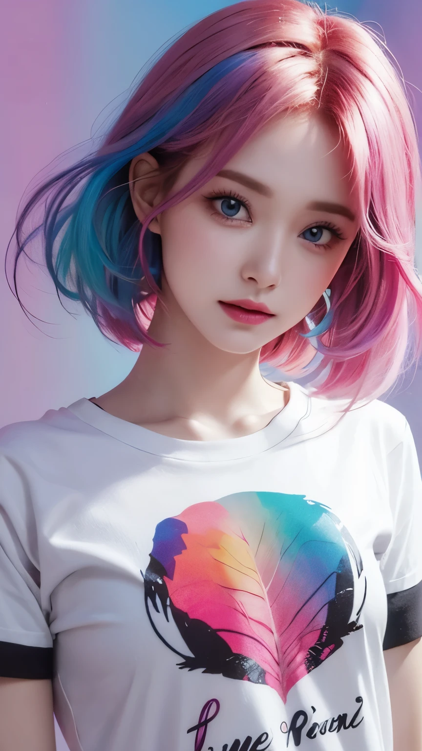 A unique and diverse fashion t-shirt with a vibrant pink hue, featuring a colorful hair design that captures all the colors of the rainbow. The vertical painting style adds an interesting twist to the overall look, with large crystal clear eyes that draw you in.