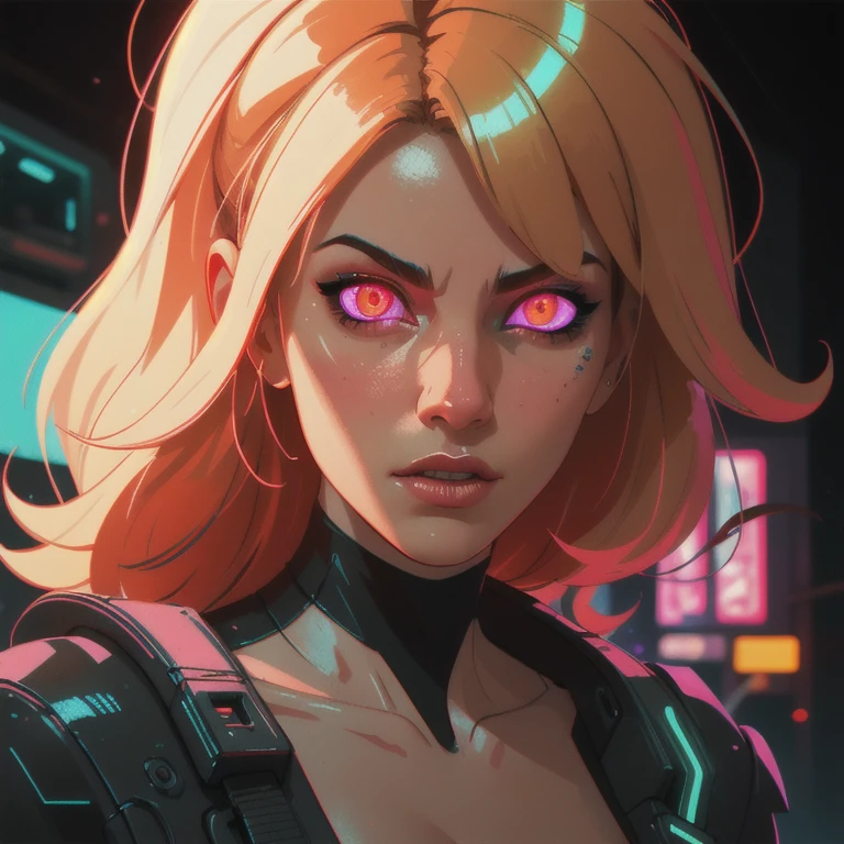 (best quality,ultra-detailed,realistic:1.37),woman cyborg,red eyes,evil,anime,huge ,sleek metallic body,expressionless face,glowing circuits,enormous energy blade,mechanical limbs,dystopian city backdrop,neon lights reflection,dark and ominous atmosphere