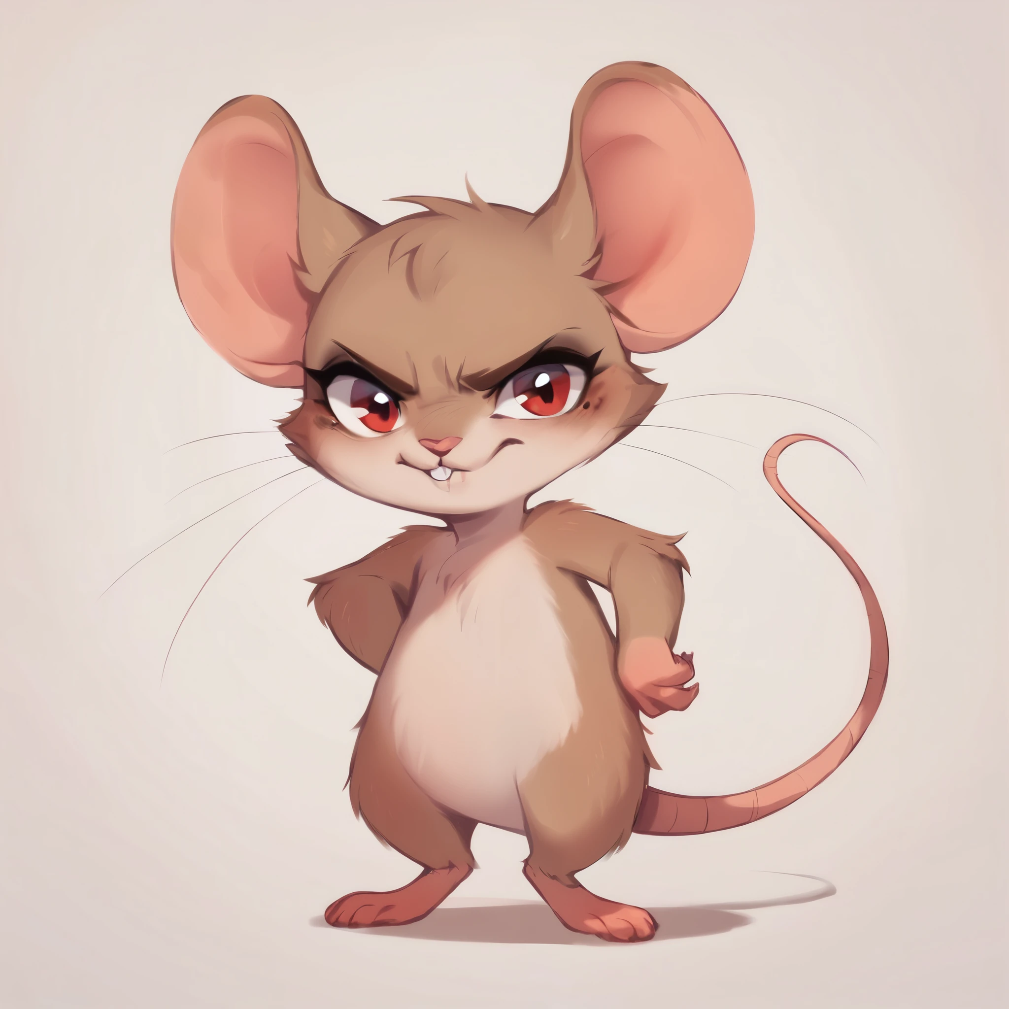 score_9, score_8_up, score_7_up, score_6_up, score_5_up, score_4_up, show accurate, full body, hungry body, simple background, (solo), (semi anthro), mouse, female mouse, fur body, ultra fine fur, standing, red eyes, ((light brown dull fur)), hairless, bald, adorably fierce, determined look,