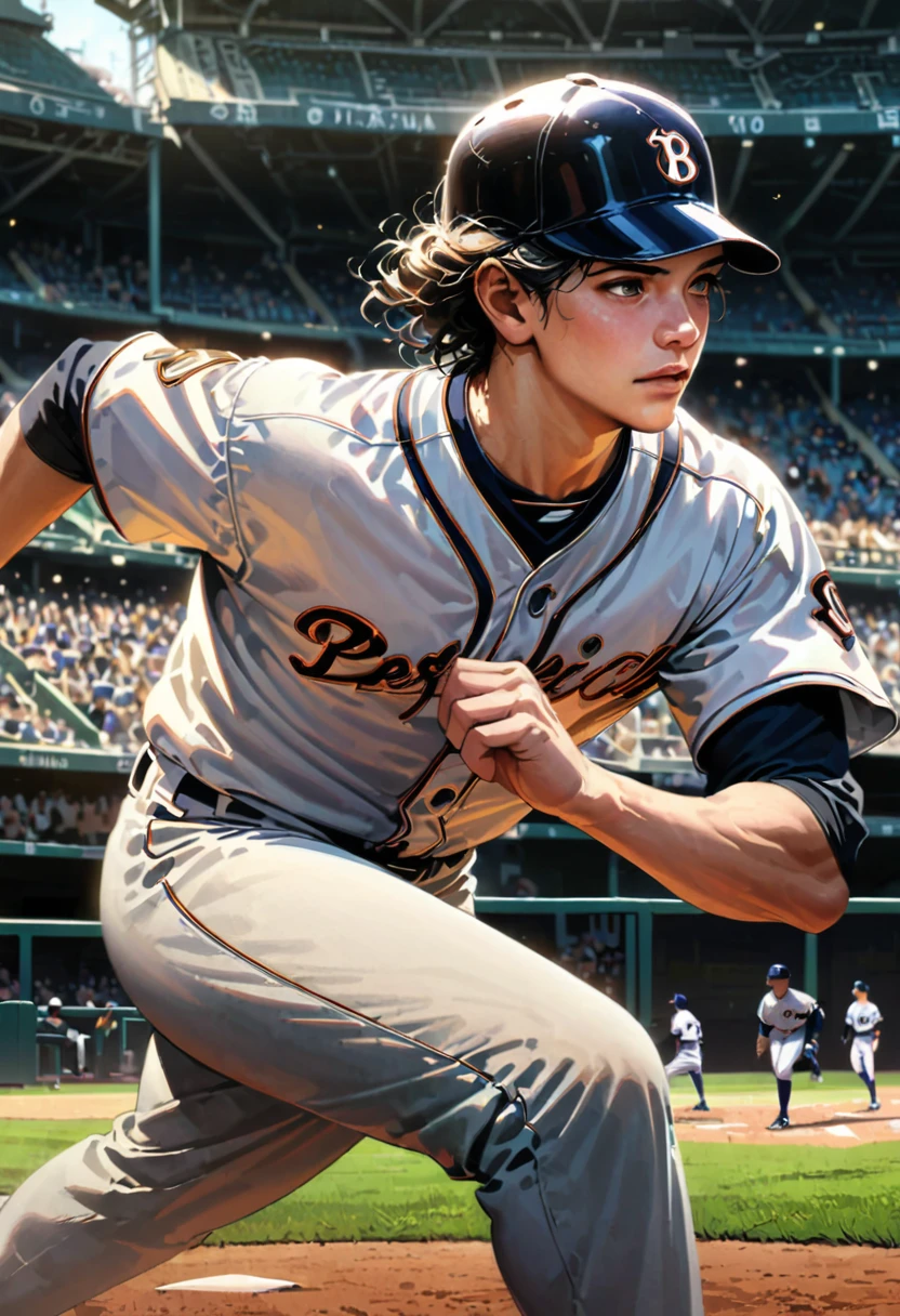 boy, baseball field, Home run, realistic, detailed background, (masterpiece, best quality, perfect composition, very aesthetic, absurdres, ultra-detailed, intricate details, Professional, official art, Representative work:1.3), (Animagine:0.01)