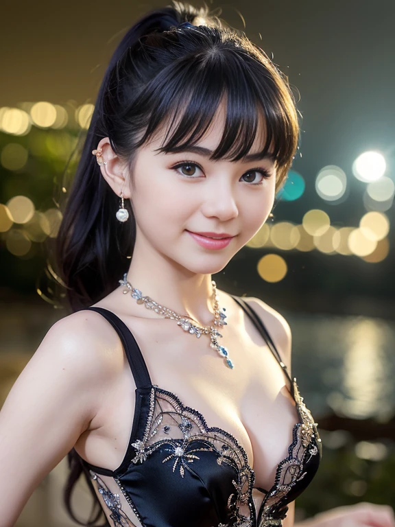 Beautiful, cute baby Face, 17 Years old russian lolita Girl, blue eyes, high ponytail hair, black hair, hair ornaments, wearing sexy kebaya dress,  (Small Breasts), cleavage cutout , luxury necklace, White Skin, Smiling, Dark City Background, mid shot, upper body, Perfect Potrait, Bokeh Effect, Look at Viewer, Armpit, Perfect Eye, Perfect Hand, Perfect Finger, Bracelet, Ring, small breast, ((adorable:1.2)), ((masterpiece:1.1)), ((bokeh:1.2)),