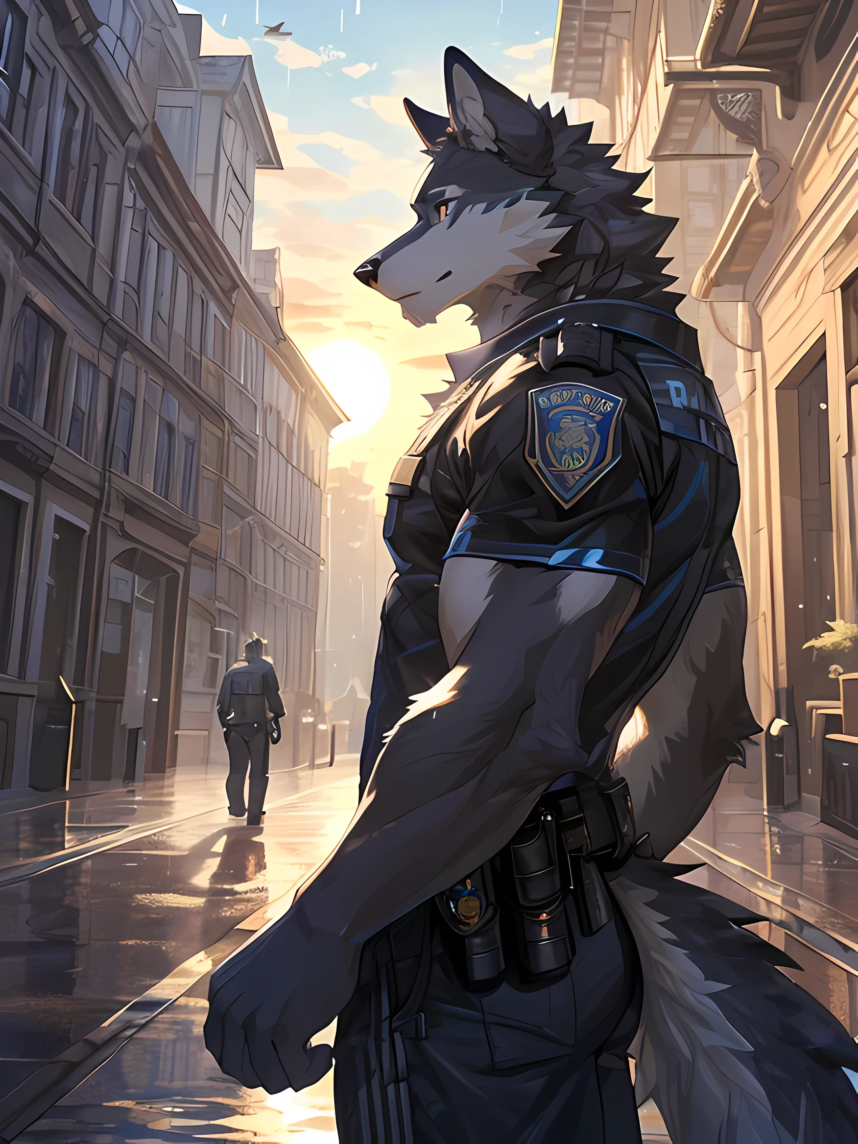 (Furry art, uploaded on e621: 1.4), Furry, two wolves,Male,Standing looking at each other in the pouring rain,Detailed, realistic colored eyes,One wolf had completely black fur and the other had white fur.,Wear a police uniform,Behind is the road.,The sun is set.,8k,hdr, (detail body), (perfect pulpils), standing, (masterpiece), (best quality), (ultra-detailed: 1.0), cool pose, (Clear, shiny:0,8), (1boy, solo), (solo_focus), detail fluffy, natural lighting, (male), anthro, (upscaling ratio: 2.20), detail background, perfect sky, detail fur, topless, detail pulpils, detail eyes.