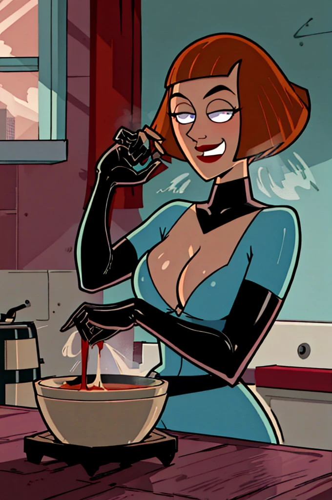 (best quality,4k,8k,highres,masterpiece:1.2),ultra-detailed,realistic:1.37,maddie fenton,thinking about danny,at the kitchen table,latex bodysuit,medium close-up,drooling,latex gloves,bright lighting,expressive eyes,shiny metallic silverware,steaming coffee cup,reflections on the tabletop,subtle smoke rising,teasing smile,curly hair,bright red lipstick,red nails,turned-up collar,smooth textures,deep shadows,crisp details,high contrast,photo-realistic ghostly apparitions,striking color palette,daring composition,ethereal atmosphere,colored kitchen appliances,vintage decor,lush green plants,modern scandinavian style,kitchen window with city skyline view,carefully planned art direction,emotional intensity,dynamic angles,mystery and allure,visual storytelling through subtle gestures,lost in thought,an air of intrigue,haunting beauty