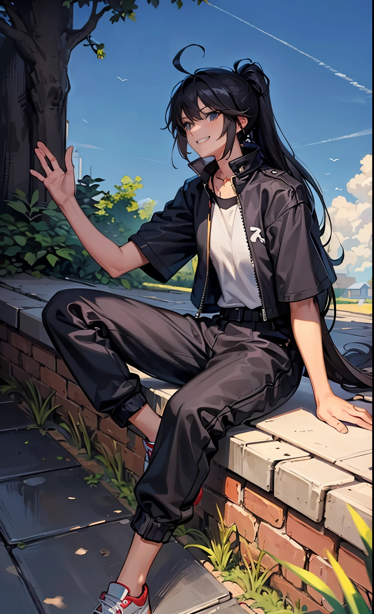 black hair, ahoge, ponytail, parted bangs, grin, happy, black eyes, young girl, very high, robust, Wheat skin, Chinese girl, Sitting under the tree, Bold and unrestrained, Campus background, Clear sky, wave, Side view, full-body shot, anime style, backlighting, 8k, super detail, UHD, high details, anatomically correct,Black trench coat,black sports wear,black trousers,Black running shoes,sports student,athlete,Handsome woman,The bodhisattva sits,sit on the ground,Sit under a tree,masculine,Look at me,Clear sky,Campus background,Big morning
