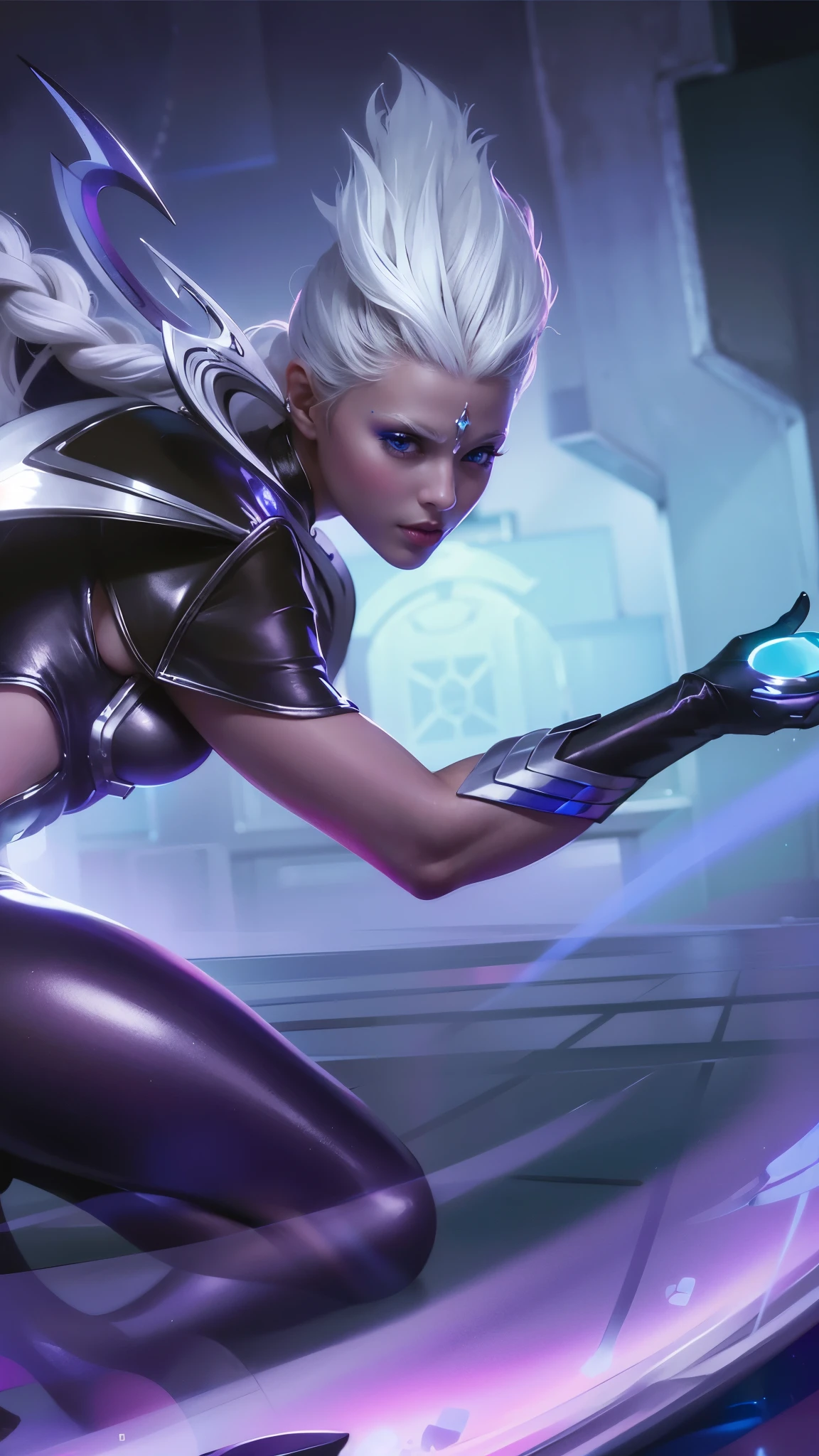 Woman a black outfit holding a blue light, platinum skin, 8k, ultra hd, ultra detailed texture, hyper realistic, masterpiece, detailed texture, detailed face, detailed skin, detailed lighting, (photorealistic:1.5), best quality, beautiful lighting, cinematic lighting, professional lighting, ultra highres, realistic, detailed hair, real hair, high quality, (realskin:1.5), extremely detailed, finely detail, ultra-detailed, white hair, blue eyes.