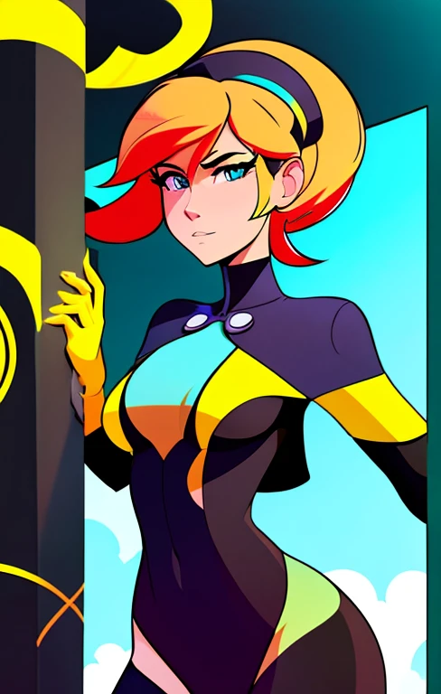 create a digital painting, 4k, SexyToon, a cartoon of a woman in a yellow and black outfit, cel - shaded, painted and colored art style, cel shaded!!!, high quality color drawing, digitally colored, color drawing , shaded cel:15, clean shaded cel, colored lineart, in a mixed æon flow style, full colored, colored lineart, fully colored