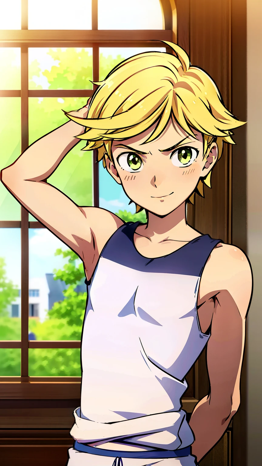 highres,Masterpiece, Best quality at best,Best Quality,hight quality, hight detailed, realistic, photorealistic, Anime style, 1boy, Boy, Adrien, indoor, Cheerful boy, basket uniform,Tank Tops, Blonde, (Show his armpit), boy focus