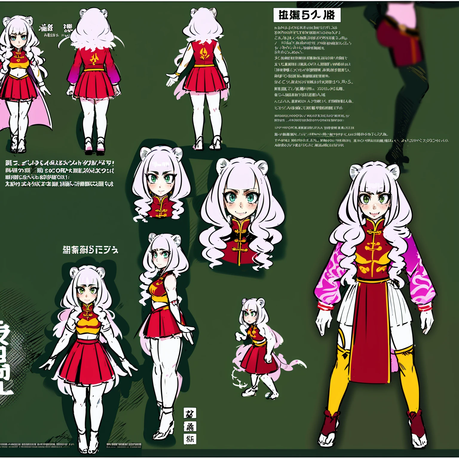 , tiger ears, tiger tails, martial art, medium chest, pink hair, skirt, jacket, godess,1girl,coat,standing,, solo focus.1character,,refsheet, character focus, 1character,fangs, cloused mouth,pink hair, green eyes, chinese dress, tomboy,