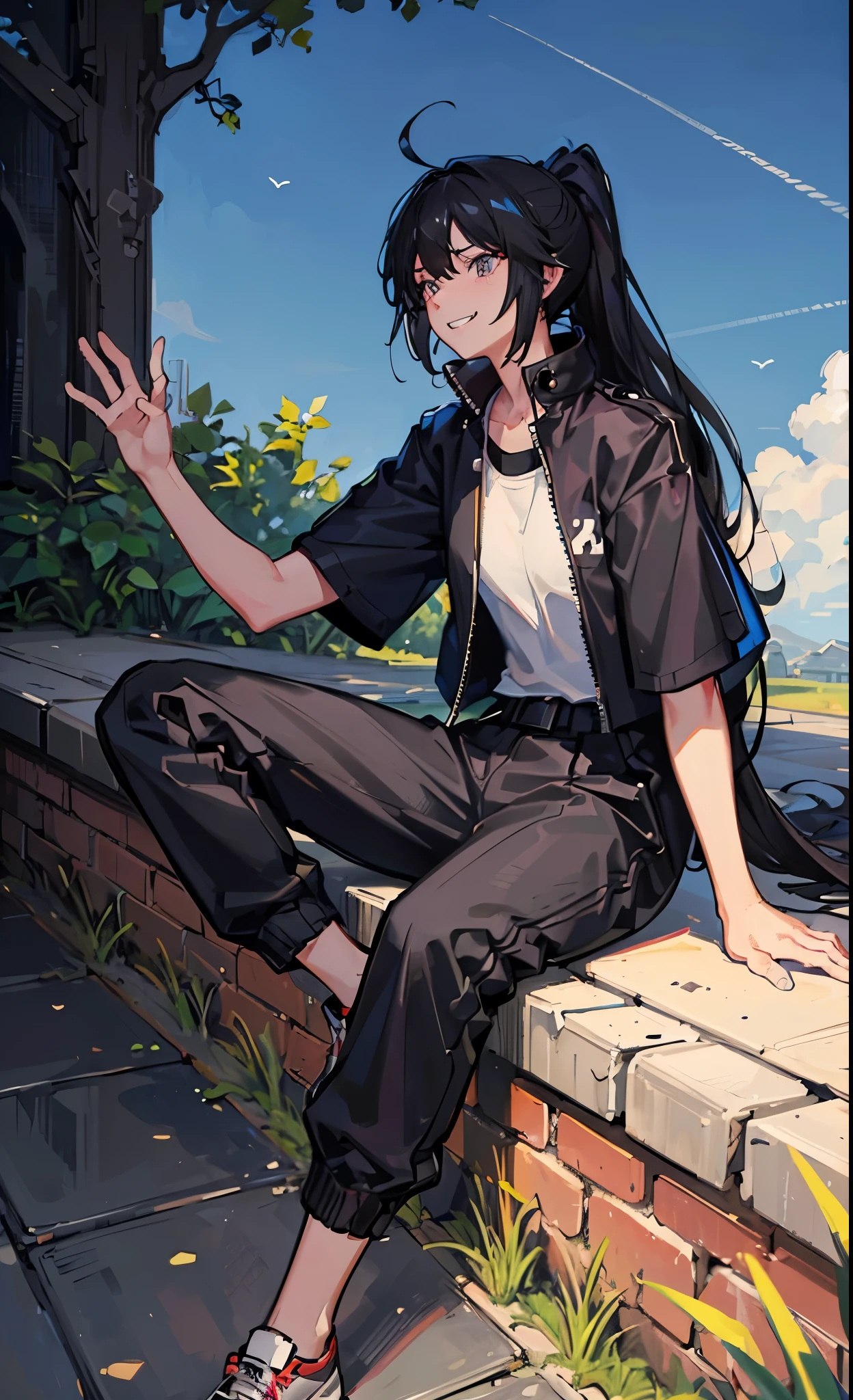 black hair, ahoge, ponytail, parted bangs, grin, happy, black eyes, young girl, very high, robust, Wheat skin, Chinese girl, Sitting under the tree, Bold and unrestrained, Campus background, Clear sky, wave, Side view, full-body shot, anime style, backlighting, 8k, super detail, UHD, high details, anatomically correct，Black trench coat，black sports wear，black trousers，Black running shoes，sports student，athlete，Handsome woman，The bodhisattva sits，sit on the ground，Sit under a tree，masculine，Look at me，Clear sky，Campus background，Big morning