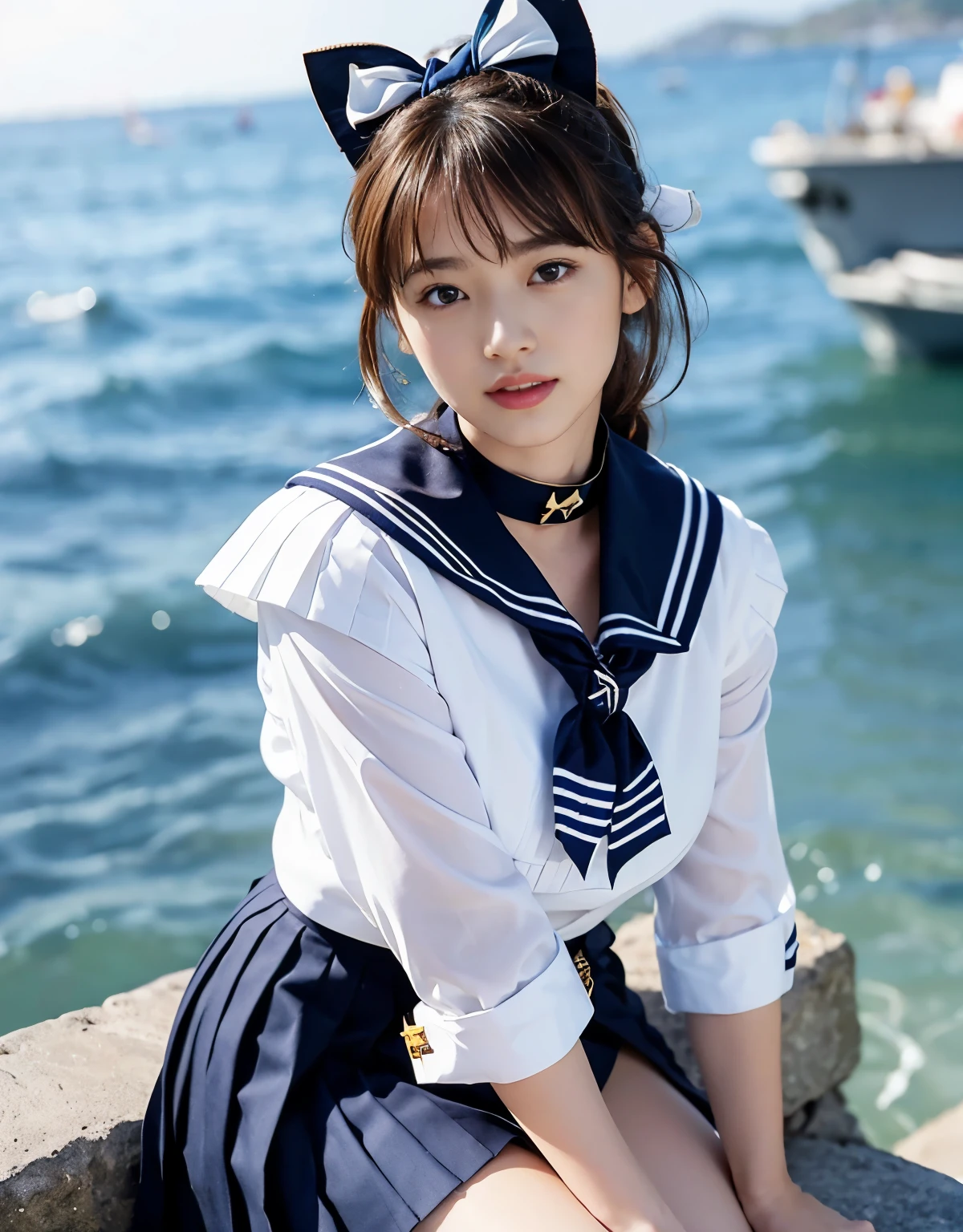 NSFW, 16k raw photos, highest quality, masterpiece, ultra high resolution, film grain, ((She is wearing (a high school sailor uniform).
(navy sailor collar:1.4),(white shirt:1.4),(navy pleats skirt:1.4),(navy bow:1.4))).film, 1 girl, look at the audience, Natural skin texture very heavy chest))),Realistic eye and face details, full lips, lipstick makeup), red eyeshadow, Fluffy ponytail hair, messy hair, A sloppy smile, beautiful legs, tall woman, skinny, slim_Legs, solo, huge breasts, cleavage, butt, shirt,, around the flower position, (detailed background,skimpy white shirt, huge breasts, cleavage, blurred background, plaid,, ((JK with a silver ribbon wrapped around her neck))),big JK ribbon, brown hair, bracelet, water, bangs, jewelry, parted lips,, Depth of bounds written、Underarm pussy、beautiful sea、water color striped pattern、beautiful sandy beach、