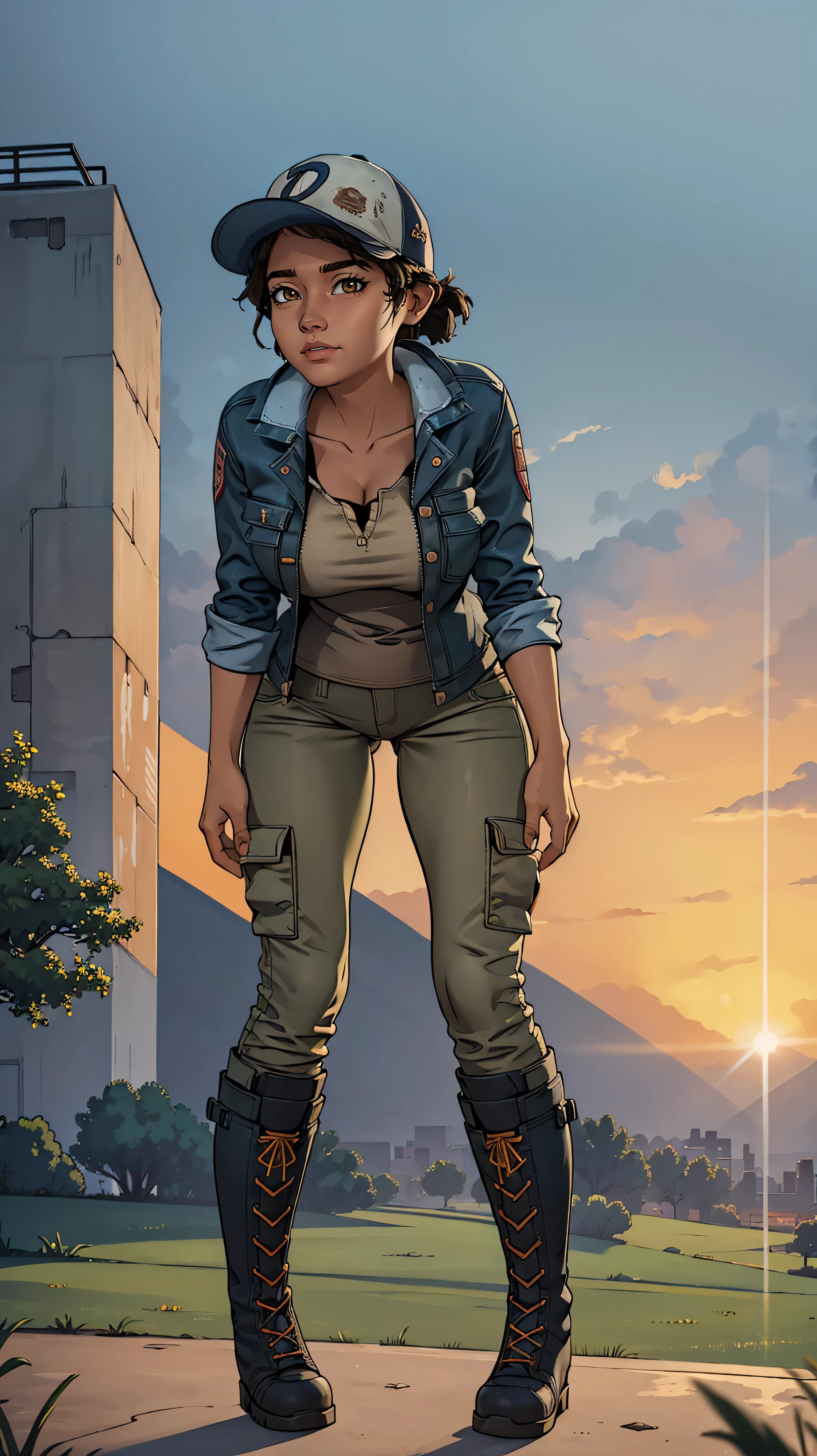 ((masterpiece, best quality)),(complex lighting) ,solo,(((1girl))) ,clementine, light skin,light-skinned female, baseball cap, green cargo pants, brown eyes, tight pants, combat boots, shirt, short hair, one short ponytail, open denim jacket, huge butt, thicc butt , (((8k))), (((full body))), (((bent over))), (((looking at the viewer))), (((view from in front of her))), big breasts