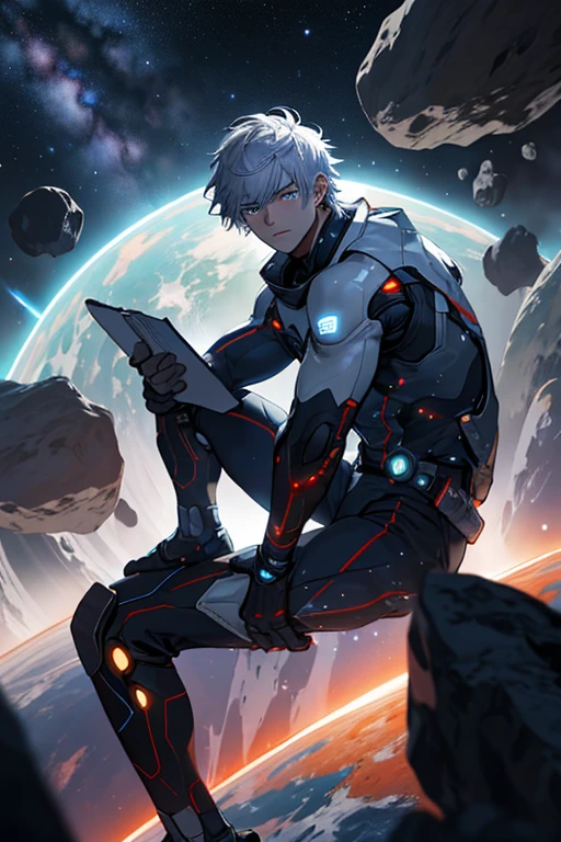 Draw a young programmer, sitting on a research platform floating in the middle of an asteroid belt. He is studying with a notebook, surrounded by several asteroids glowing with fiery auras. Dramatic lighting from distant stars and planets illuminates the scene, casting deep shadows on the suit. The young man looks confident and determined, looking at the vast and mysterious universe with wonder and respect,silver hair, half tech suit,
