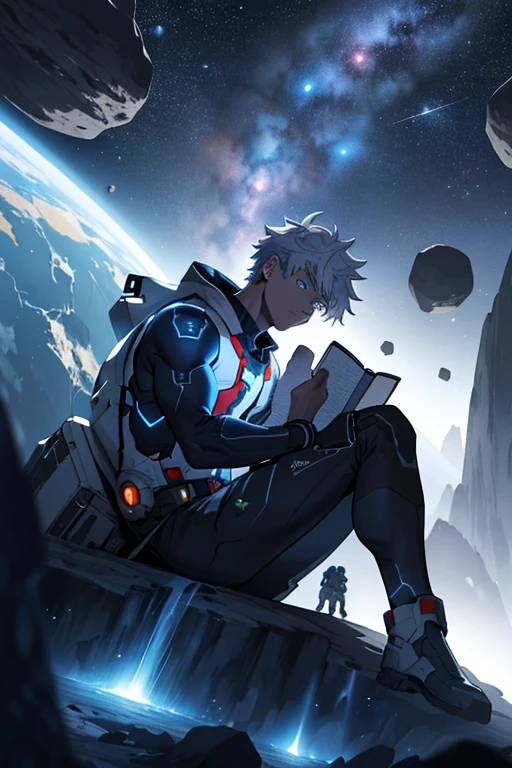 Draw a young programmer, sitting on a research platform floating in the middle of an asteroid belt. He is studying with a notebook, surrounded by several asteroids glowing with fiery auras. Dramatic lighting from distant stars and planets illuminates the scene, casting deep shadows on the suit. The young man looks confident and determined, looking at the vast and mysterious universe with wonder and respect,silver hair, half tech suit,