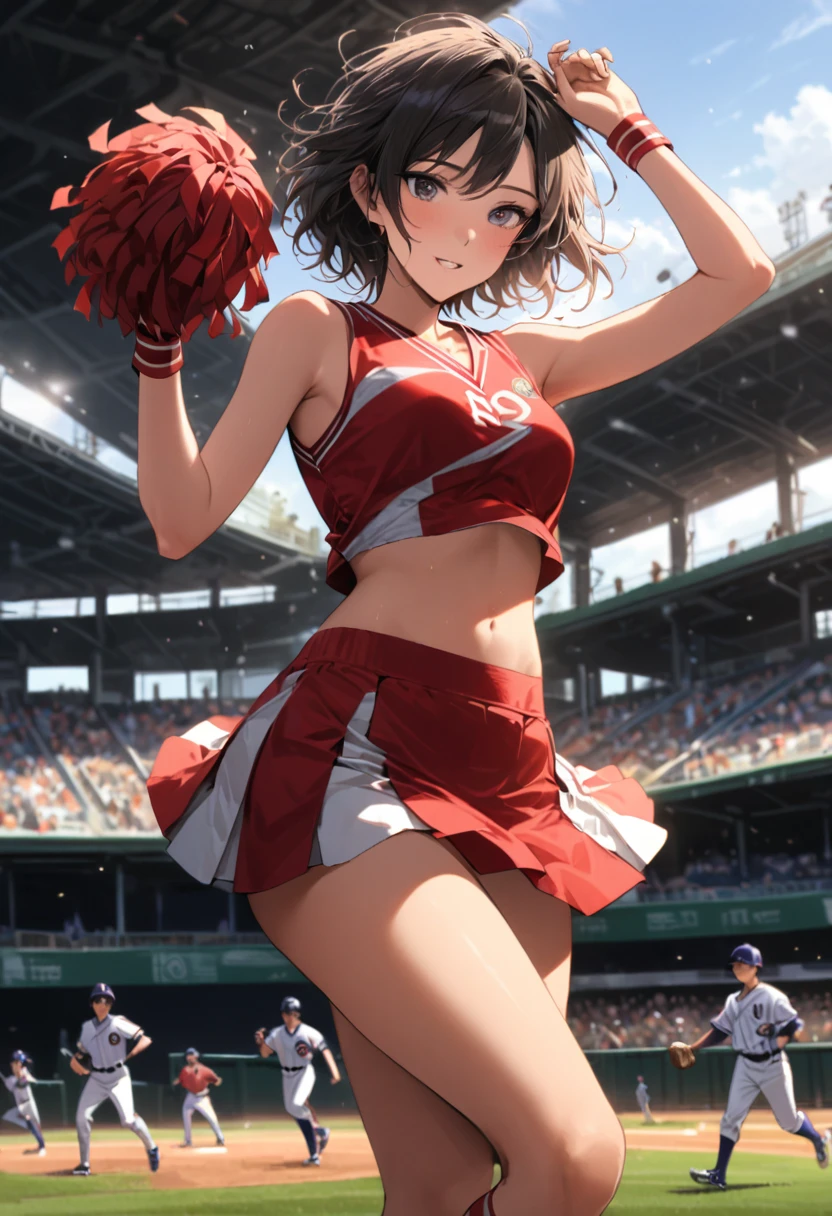 whole body,My thighs are trembling,Frilled Skirt,Wet,Dildo_Down_cloth:1.5,uniform(White),Group shot:1.7,baseball,baseball Stadium,Panty Drop:1.5,clothing with tiger printed on it,ponytail,Cheerleader, Stadium, Team Spirit, pom-pom, Enthusiastic, Energetic, crowd, uniform, Sporting events, support, colorful, Dynamic pose, Dirty Lively, Light, action、TVshow
