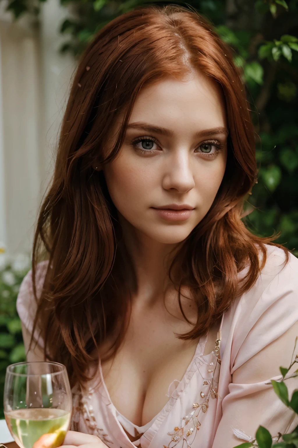 (realistic:1.2, 4k:1.1)redhair girl, (high detailed:1.1)face, (high detailed:1.1)eyes, elegant pink clothes, glass of champagne, garden, ((high detailed)), (realistic: 1.37)perfection, long perspective