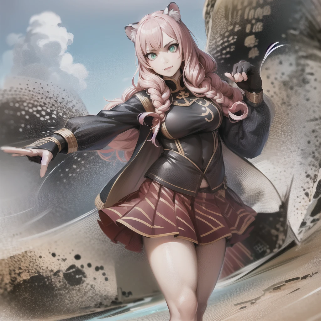 , tiger ears, tiger tails, martial art, medium chest, pink hair, skirt, jacket, godess,1girl,coat,standing,, solo focus.1character,,refsheet, character focus, 1character,fangs, cloused mouth,pink hair, green eyes, chinese dress, tomboy,