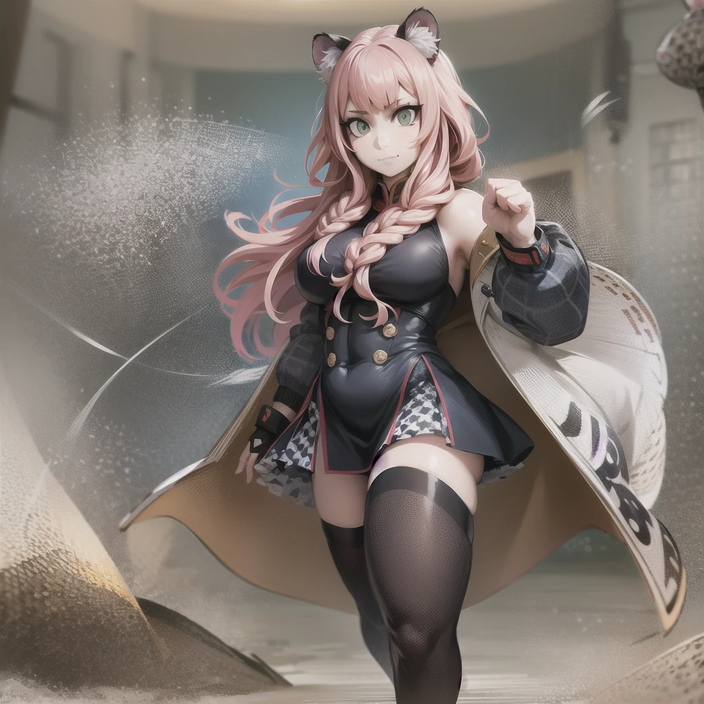 , tiger ears, tiger tails, martial art, medium chest, pink hair, skirt, jacket, godess,1girl,coat,standing,, solo focus.1character,,refsheet, character focus, 1character,fangs, cloused mouth,pink hair, green eyes, chinese dress, tomboy,