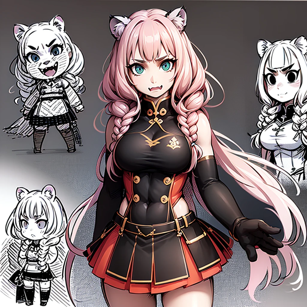 , tiger ears, tiger tails, martial art, medium chest, pink hair, skirt, jacket, godess,1girl,coat,standing,, solo focus.1character,,refsheet, character focus, 1character,fangs, cloused mouth,pink hair, green eyes, chinese dress, tomboy,