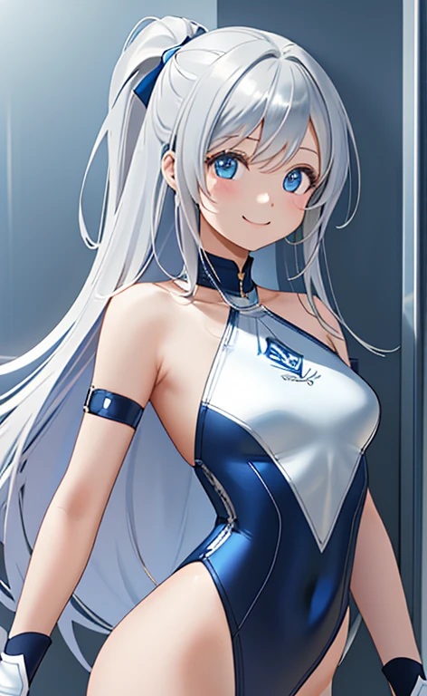 ((masterpiece、top-quality:1.5、a high chroma:1.5、ultra-detailliert、high-resolution illustrations:1.5、Ultra-high-definition CG、8k size wallpaper、offcial art))、looking back(1girl),(light smile
:1.5)、(clear face:1.3),
(silver-only color scheme:1.5), (blue-only color scheme:1.5),(y body),(One only wears silver, one only wears blue),(neck holder straplessleotard),(long hair), (small bre(upper body)、