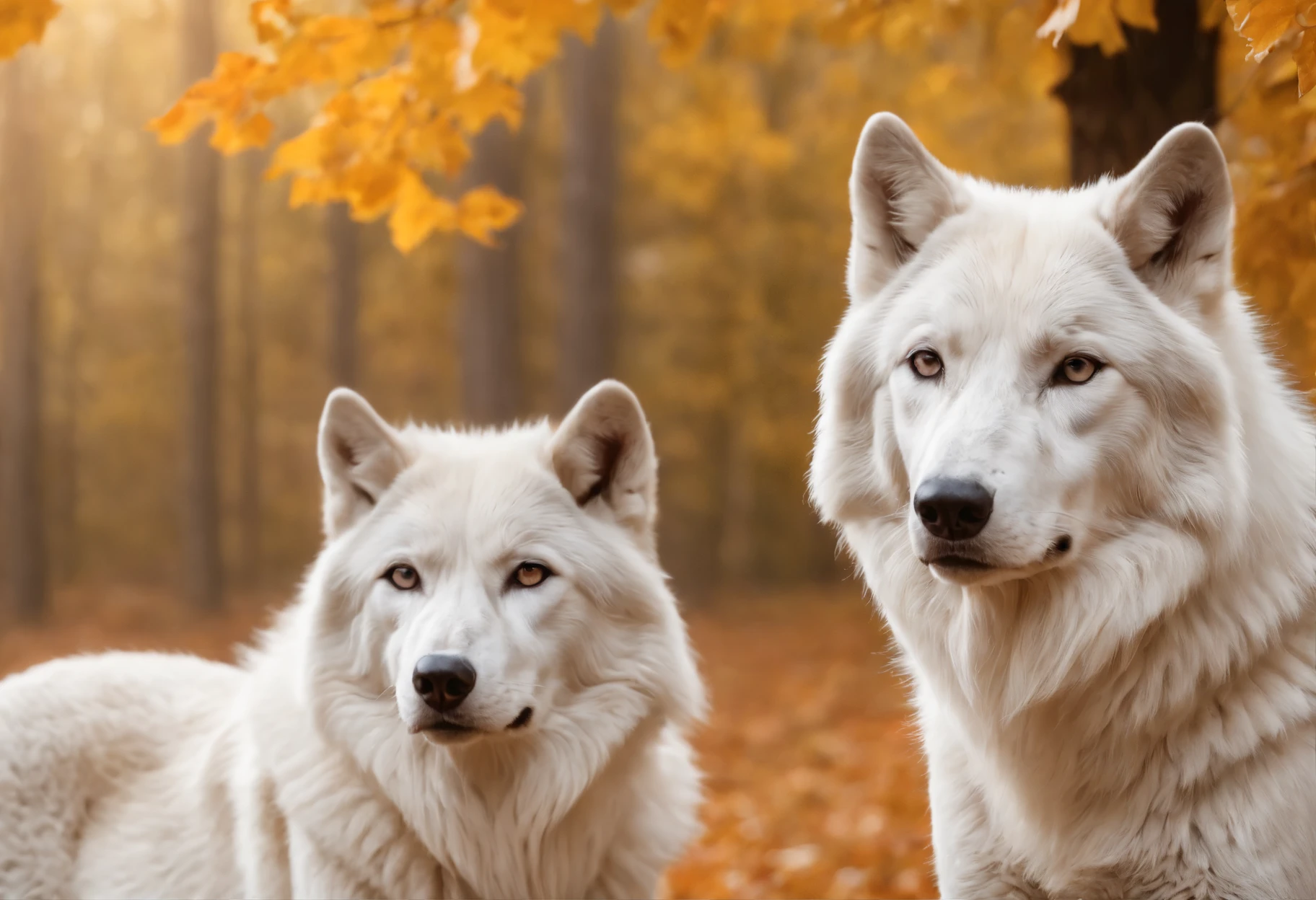 Masterpiece, A beautiful queen, crowned with gold and diamonds sits in the forest in autumn, accompanied by a large white wolf, on the edge of a clear and very beautiful river, Illustration in high definition at 4k resolution, sharp focus, with very detailed facial features and realistic visual style.