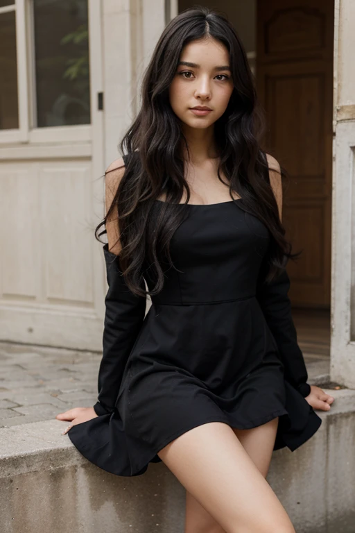 a young women with long hair black and wavy who's similar with japanese but she's french,with a with dress like a princess dress but short dress that covers the body