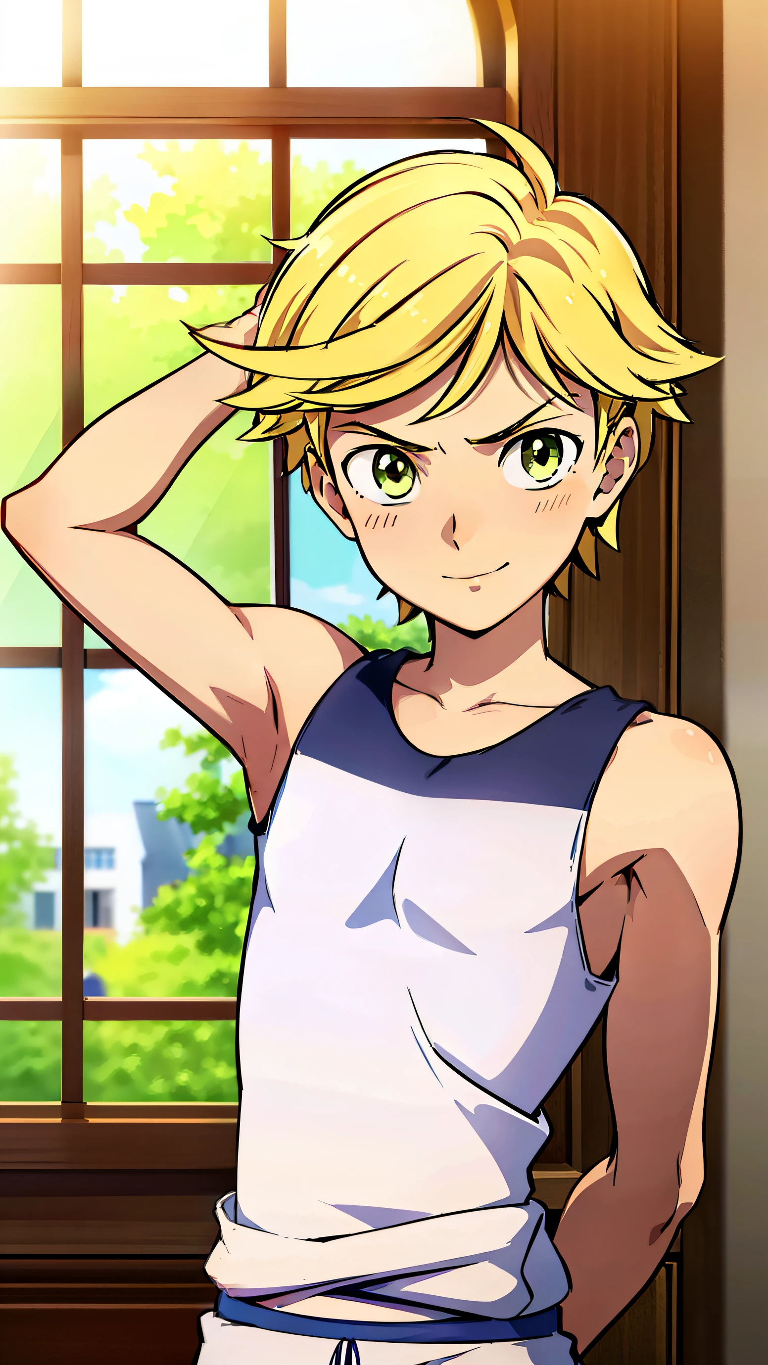 highres,Masterpiece， Best quality at best,Best Quality,hight quality, hight detailed, realistic, photorealistic, Anime style, 1boy,  Boy, Adrien, indoor, Cheerful boy, basket uniform,Tank Tops, Blonde, (Show his armpit), boy focus