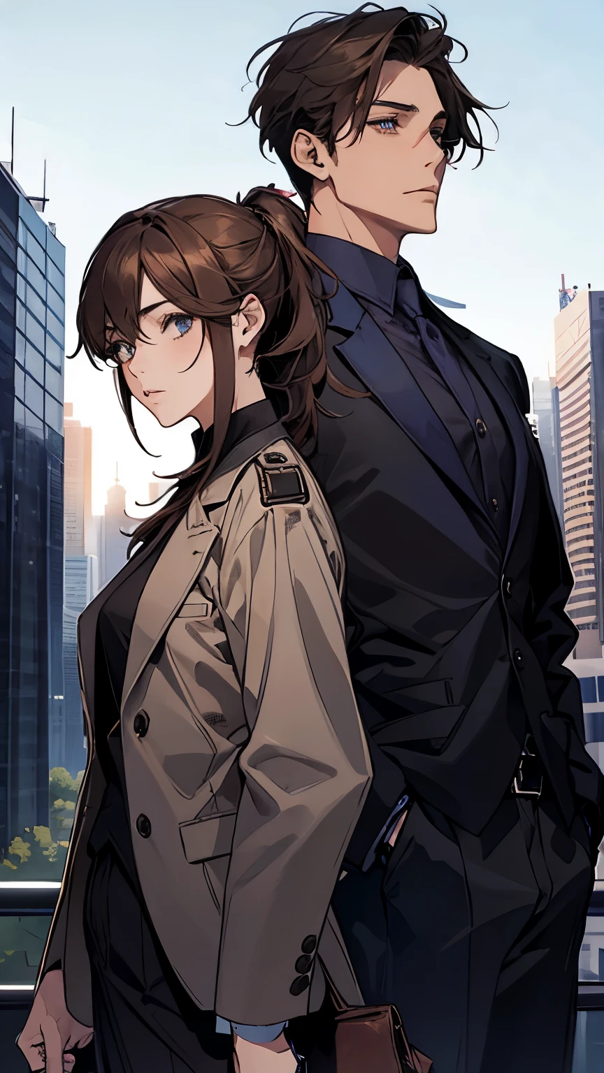 masterpiece, highest quality, 2 him, Group of 2, 1 male and 1 female, mature, adult, Height difference, different fashion, different colors, small eyes and small face, intricate details, Woman in a suit, Man in pilot suit and coat,A man with a dark blue low ponytail,modern cityscape, friend,  brown haired woman, dark blue eyed man, Woman with wavy medium hair