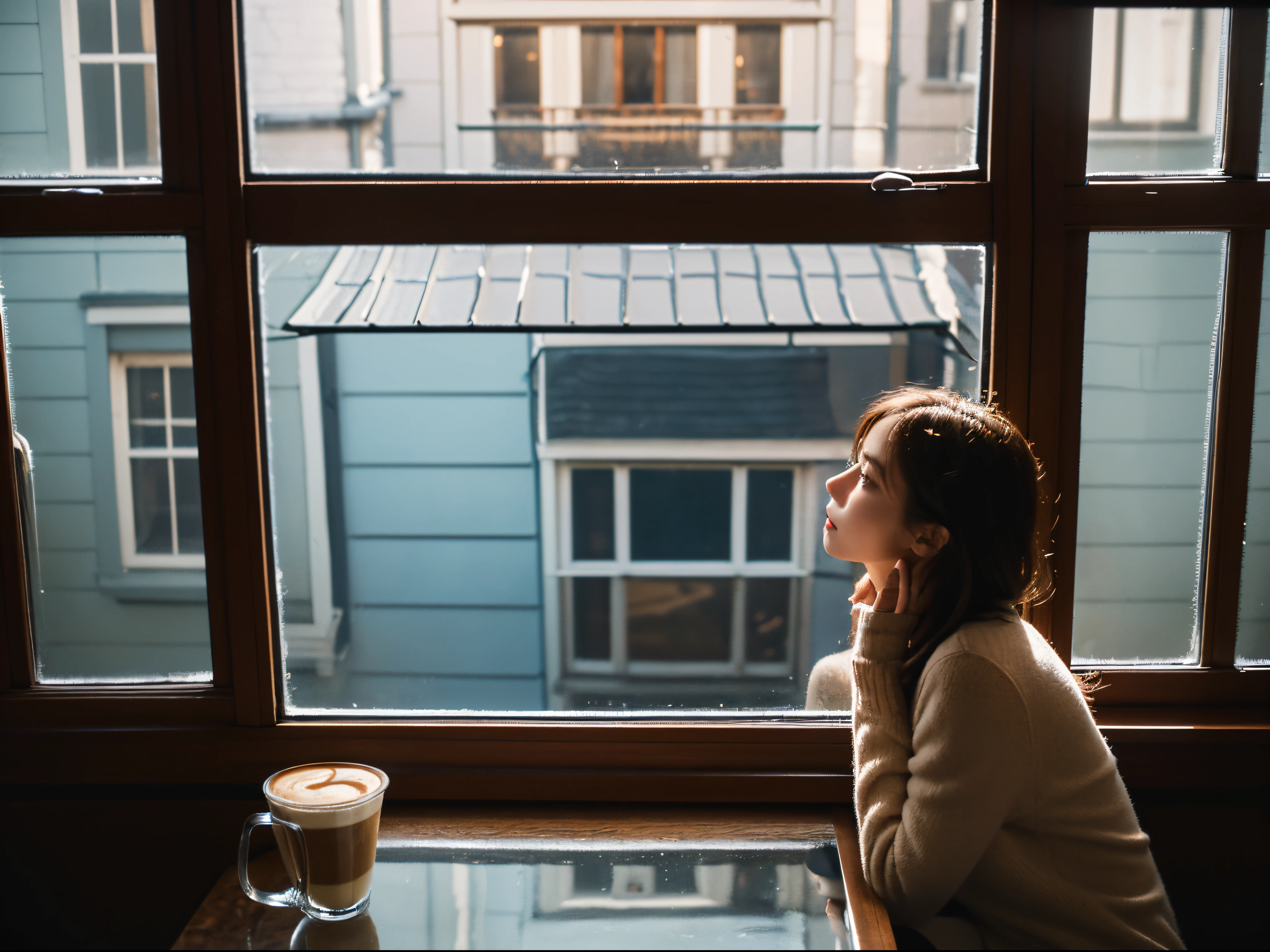 a woman sitting by the window of a coffee shop drinking coffee, a picture of the inside outside the window, (shot on out of the window:1.5), a view of the street reflected in the window, (face that visible through the glass:1.5)