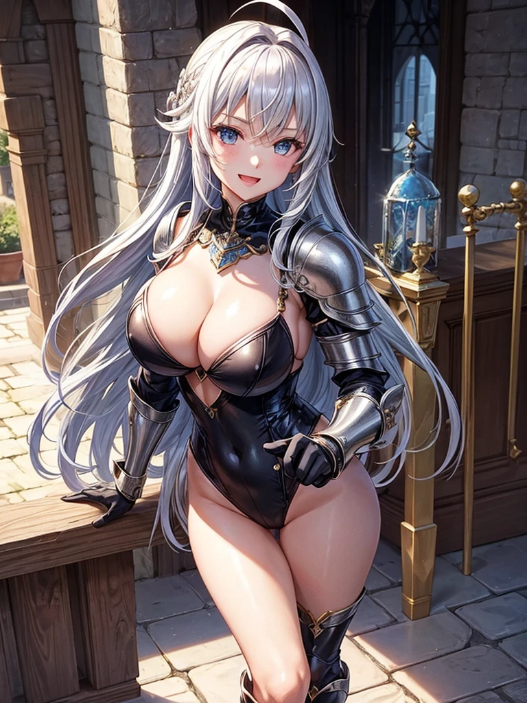 Woman knight、a beauty girl、huge tit、Excellent style、Nice Buddy、glamorous、leotard、s Armor、Bra chest armor、knee boots、gauntlets、hair adornments、silber hair、Longhaire、Ahoge、a medieval castle、is standing、full body seen、Outside the castle、natta、a smile、slightly open mouth