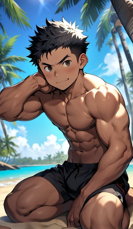 (masutepiece, Best Quality), 2 shoun，Lewdness，younge boy，child-faced，Boy's face，sideface，Lying naked on the sandy beach，infancy，young age, Flat chin，finely detaild face，Color Brief，well-muscled, short black hair, black eyes，opens his eyes wide, with an intricate, full body Esbian,nakeness，Lewdness，Black Brief,Abs pectoral muscles，vivd colour,(depth of fields:1.2),(Abs),looking at viewert，Lying on the sandy beach，Spread your legs apart，(lying at coconut tree), (pinch nipple),(horny expression)