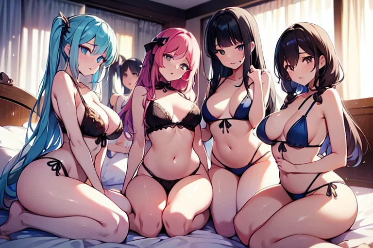 (Harem:1.2),4girls,quartet,squad,cowboyshot,pov,beautiful detailed eyes, detailed lips, long eyelashes, bright and vibrant colors, natural lighting,(best quality, 4k, highres), ultra-detailed, soft and smooth texture, no distractions, dreamlike sensation, slight bokeh effect,highlighting her figure,deformed and independented breasts,side by side,Different posing,surrounded by girls,(small breasts:1.2),Attractive girls,longing,public facility,pajama party,onbed