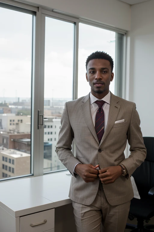A somali man who is an entrepreneur, successful trader and Politician. Also wearing suit and looking forward to the future at top of his office at tower