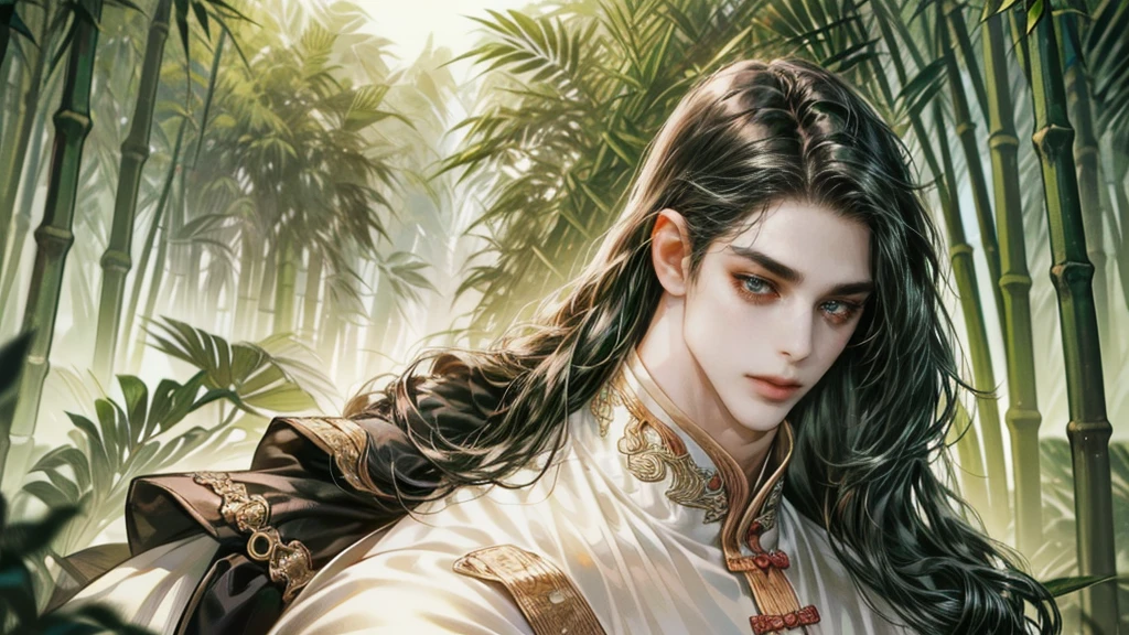  beautiful youth, a bright smile,All green clothing,(absurdres, highres, ultra detailed, HDR), masterpiece, best quality, (1 boy) , boy character ,((Thick ,black, long hair)),beautiful face,detailed interior, detailed character,((man)),(male in bamboo forest), black hair,he smile,1man,the house of ancient China, beautiful man with long black hair and black eyes,((solo man)),long hair,((he has a Big eyes, charming lips, slim nose and small face)),he has a slander shape,(thin body),position,ponytied it with accessories,(Men with small, narrow shoulders),ponytied it with accessories,(one boy),eyes fogus