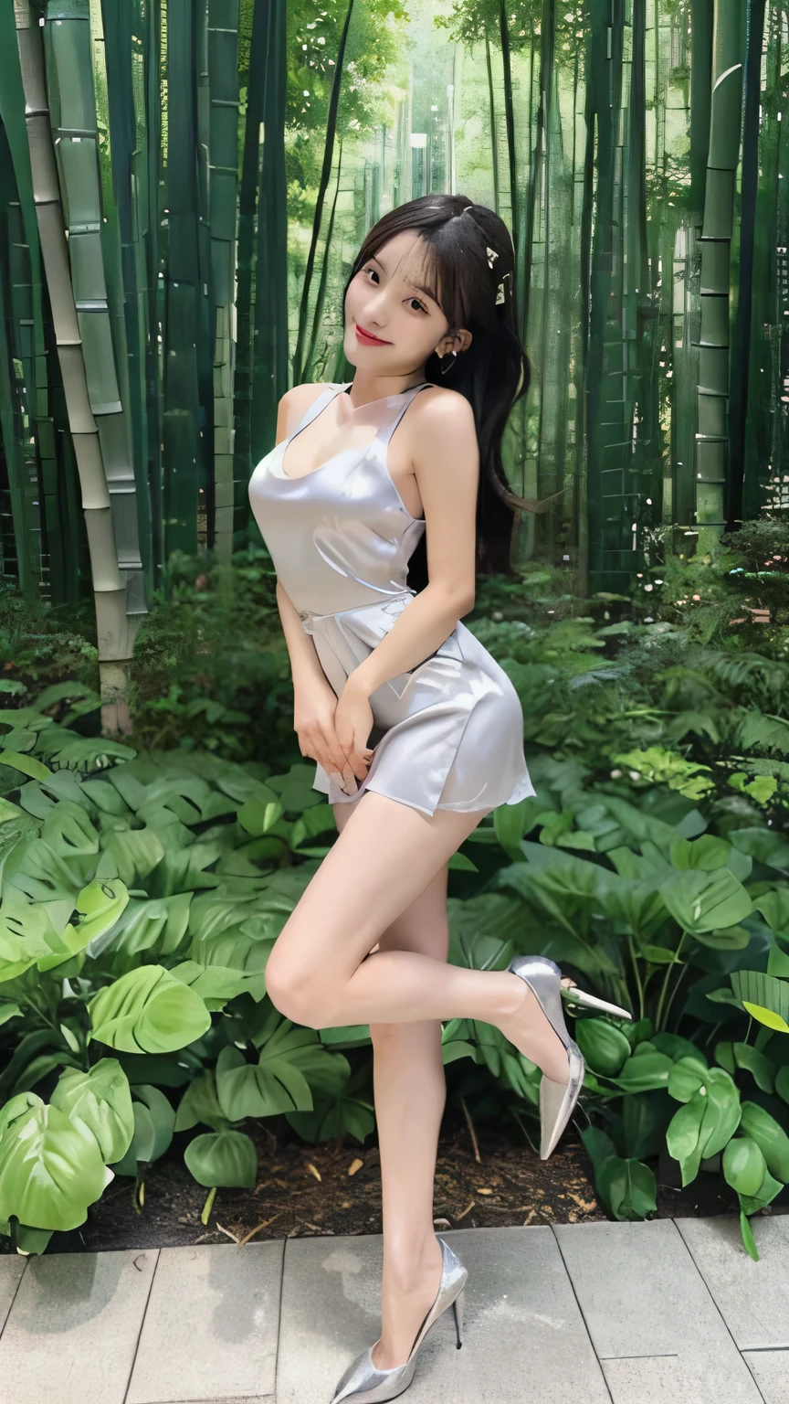 lady 1people,(full body figure:1.2),(nine heads and bodies:2.0), small butt,(thin thighs),(long and thin legs: 2.0),(Knees Stretch:2.0),stand with legs closed,(height 2/3 is the leg:2.0), (silver pumps:1.2), (Tight casual dress made of silver silk :1.3), white choker, 25 years old, cute sexy little face, light red lips, parted lips, sexy face, sexy young woman, Beautiful smile, Medium chest, slender body shape, tight waist, beautiful hands, thin shoulders, look at the audience, standing position, bamboo forest morning