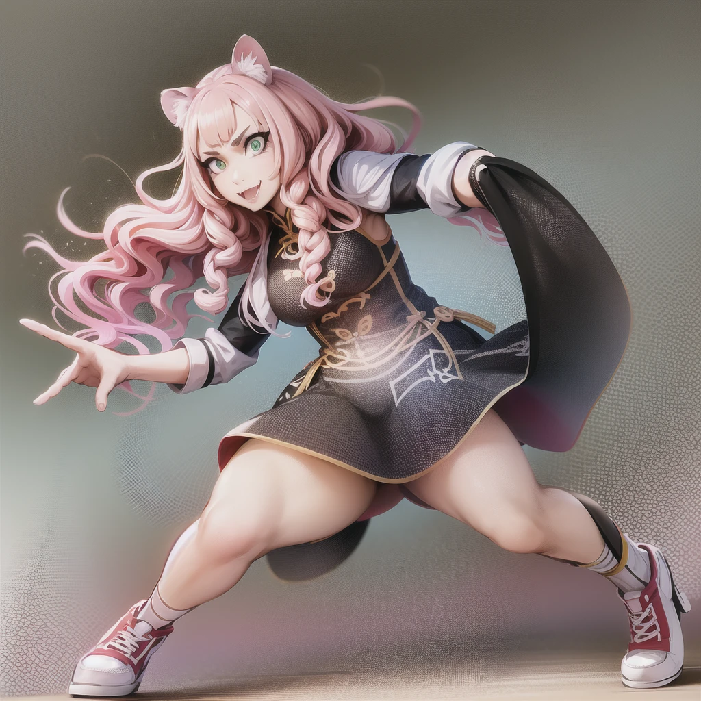 , tiger ears, tiger tails, martial art, medium chest, pink hair, skirt, jacket, godess,1girl,coat,standing,, solo focus.1character,,refsheet, character focus, 1character,fangs, cloused mouth,pink hair, green eyes, chinese dress, tomboy,shoes, full body, martial pose karate