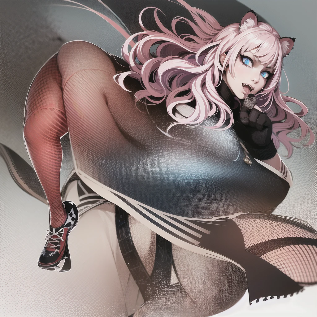 , tiger ears, tiger tails, martial art, medium , pink hair, skirt, jacket, godess,1girl,coat,standing,, solo focus.1character,,refsheet, character focus, 1character,fangs, cloused mouth,pink hair, green eyes, chinese dress, tomboy,shoes, full body, martial pose karate