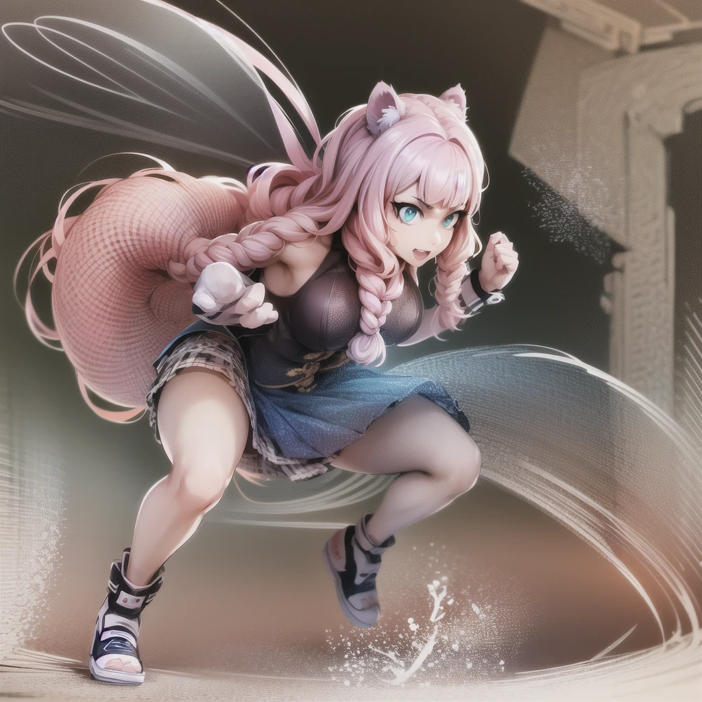 , tiger ears, tiger tails, martial art, medium chest, pink hair, skirt, jacket, godess,1girl,coat,standing,, solo focus.1character,,refsheet, character focus, 1character,fangs, cloused mouth,pink hair, green eyes, chinese dress, tomboy,shoes, full body, martial pose karate