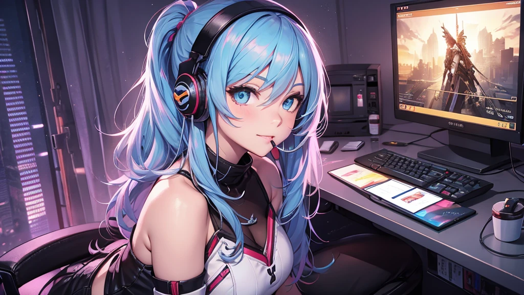 highest quality, Best image quality, girl, 20 years old, medium bust, plump breasts, sparkling amber eyes, aqua eyes, eye reflection, long upper lashes, (((rainbow hair))), long messy hair, Wavy, Top ponytail, ((Black  sexy strapless short tube top)), leather jacket, (white denim hot pants), ((Black thigh socks)), Smile, glowing headphones, Diamond earrings, wristband, necklace, ring, ((squat on the chair)), in front of a computer, Playing video games, Leaning forward, Open one shoulder, elated, mouth biting bread, Look at the computer, light blush, beautiful art, background((Hacker Room, Server room, neon lights, braces, notebook)), flight, Debris flying, writing border depth, Movie, visual art, Perfect art, real, Verism, anime style, glowing light, cinematic lighting, chiaroscuro, ray tracing, 8K, masterpiece, super textured skin, super detail face, perfect face, Super fine facial details, beautiful and delicate eyes, perfect eyes, correct limbs, correct figner, super detail figner, best hair quality, best clothing quality, best prop quality
