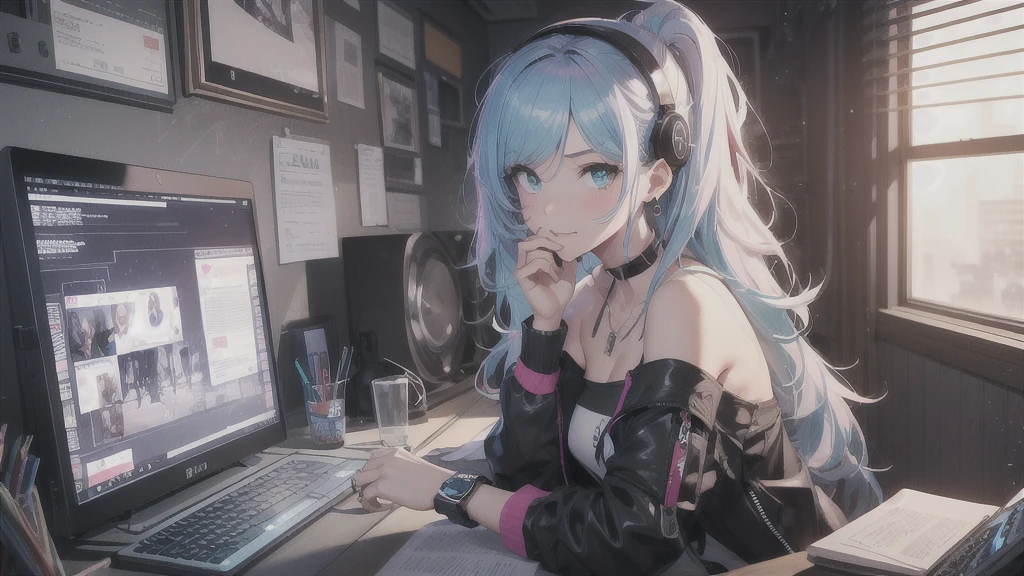 highest quality, Best image quality, girl, 20 years old, medium bust, plump breasts, sparkling amber eyes, aqua eyes, eye reflection, long upper lashes, (((rainbow hair))), long messy hair, Wavy, Top ponytail, ((Black sexy strapless short tube top)), leather jacket, (white denim hot pants), ((Black thigh socks)), Smile, glowing headphones, Diamond earrings, wristband, necklace, ring, ((squat on the chair)), in front of a computer, Playing video games, Leaning forward, Open one shoulder, elated, mouth biting bread, Look at the computer, light blush, beautiful art, background((Hacker Room, Server room, neon lights, braces, notebook)), flight, Debris flying, writing border depth, Movie, visual art, Perfect art, real, Verism, anime style, glowing light, cinematic lighting, chiaroscuro, ray tracing, 8K, masterpiece, super textured skin, super detail face, perfect face, Super fine facial details, beautiful and delicate eyes, perfect eyes, correct limbs, correct figner, super detail figner, best hair quality, best clothing quality, best prop quality