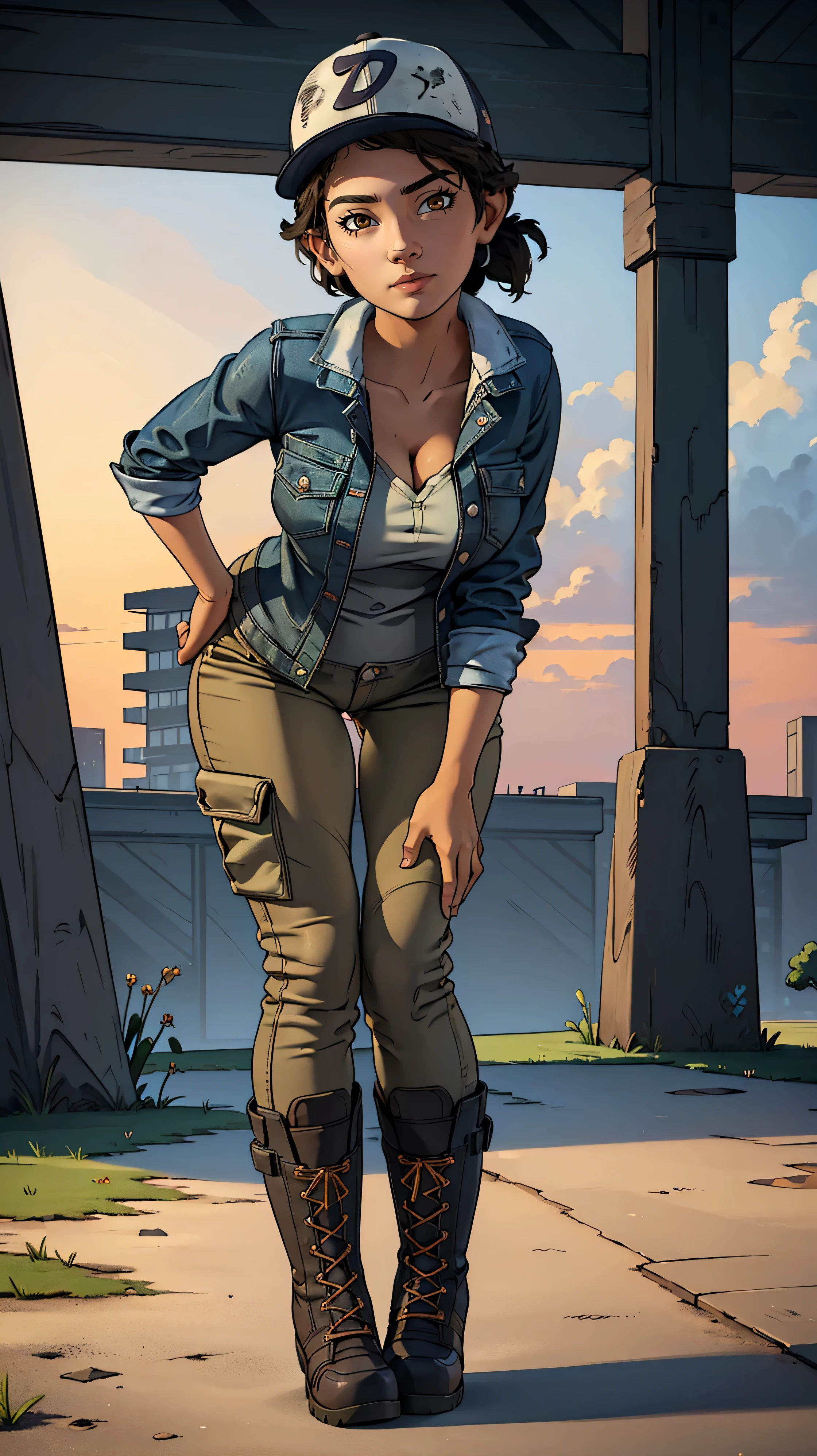 ((masterpiece, best quality)),(complex lighting) ,solo,(((1girl))) ,clementine, light skin,light-skinned female, baseball cap, green cargo pants, brown eyes, tight pants, combat boots, shirt, short hair, one short ponytail, open denim jacket, huge butt, thicc butt , (((8k))), (((full body))), (((bent over))), (((looking at the viewer))), (((view from in front of her))), big breasts