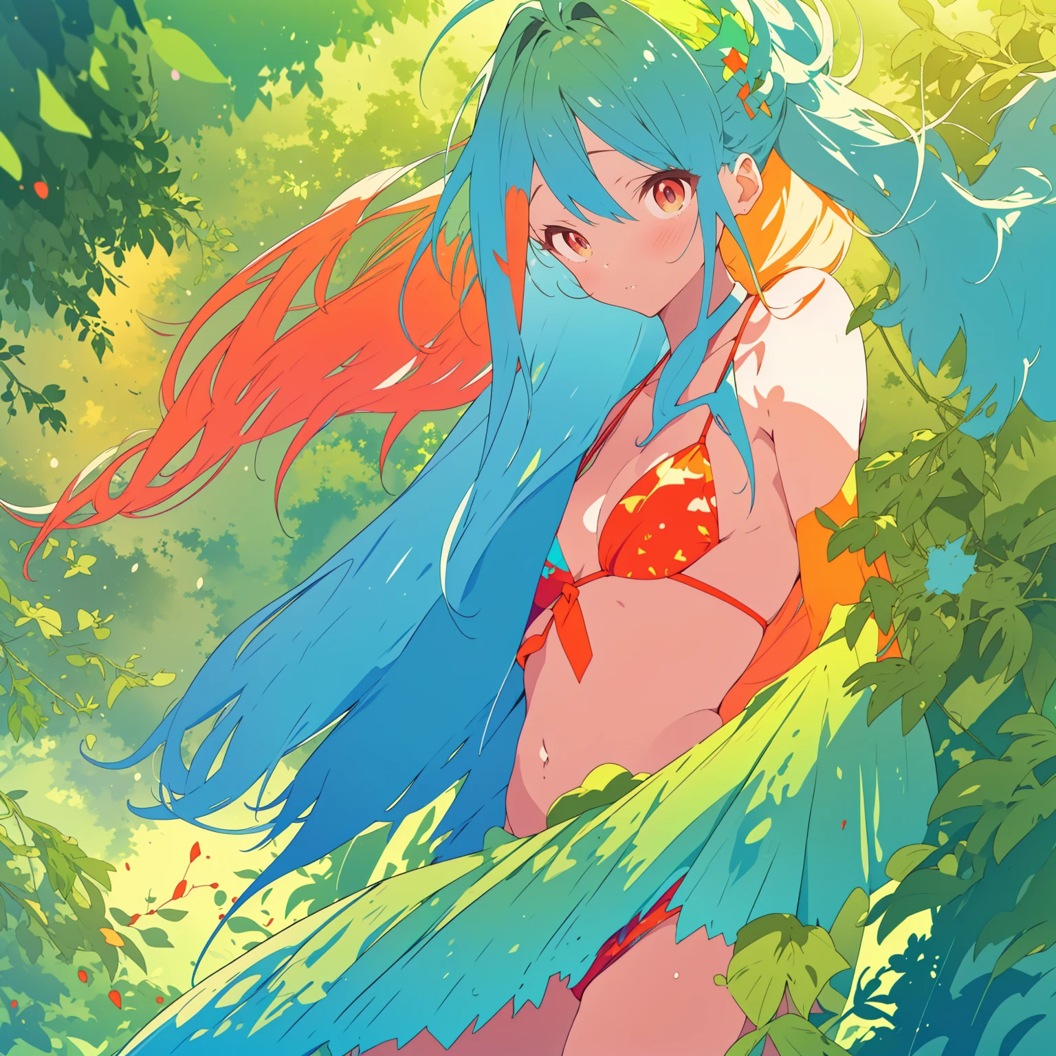 (best quality, vivid colors),deslumbrante.
## Generated prompt 1 girl, forest, striking, Chonmago, no sclera, high-cut bikini, high-contrast hair, (best quality, vivid colors), dazzling.