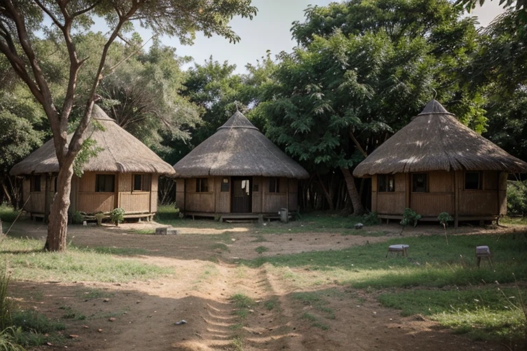 In an African rural community ,just outside a growing village lies acluster of huts that form a semi-circle with a fence of branches completing the cirle with a pair of totem poles with a moon in between the only entrance to the compound.it sits before a verdant forest with a pond in between.there are five huts in the compound separated by a fence of branches and leaves. The huts are round made of mud and roofed with branches ,straw and large green leaves from the forest behind it.